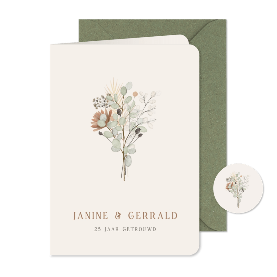 Stijlvolle uitnodiging huwelijksjubileum met droogbloemen  - Kaartimpressie