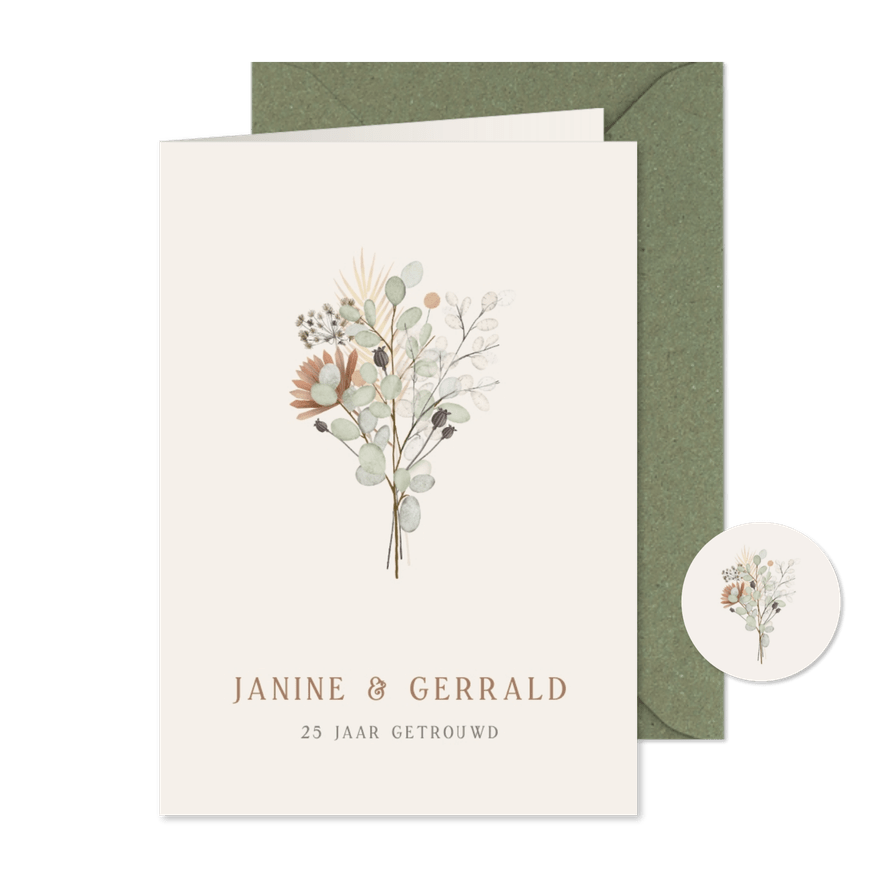 Stijlvolle uitnodiging huwelijksjubileum met droogbloemen - Kaartimpressie