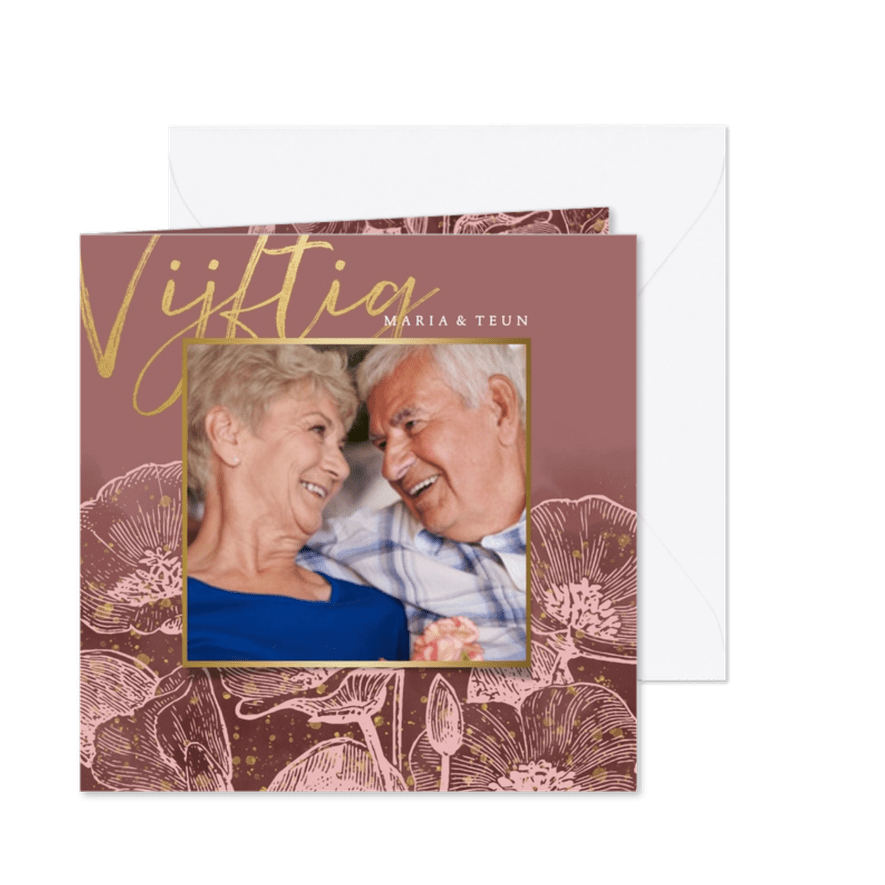 Stijlvolle uitnodiging jubileum bloemen, foto en typografie - Kaartimpressie