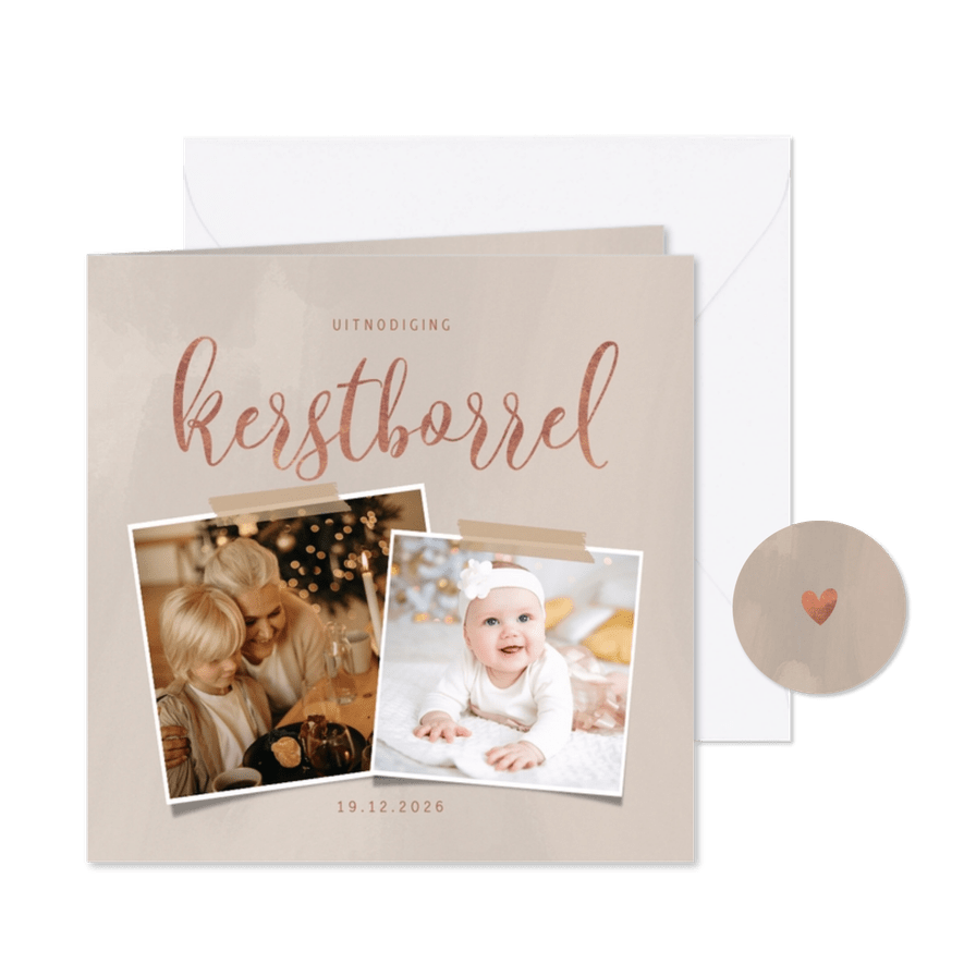 Stijlvolle uitnodiging kerstborrel in roségoud en 2 foto's - Kaartimpressie