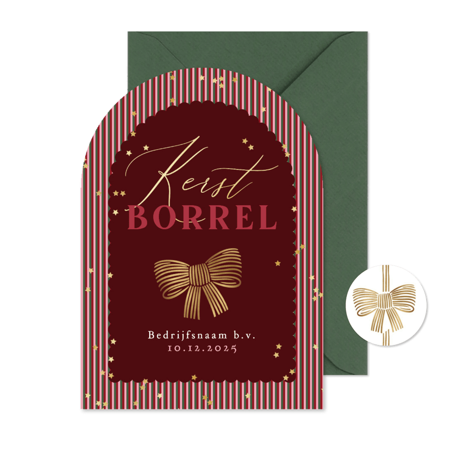 Stijlvolle uitnodiging kerstborrel zakelijk strik goud - Kaartimpressie