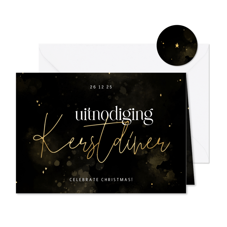 Stijlvolle uitnodiging kerstdiner met goudlook details - Kaartimpressie