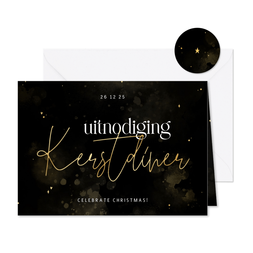 Stijlvolle uitnodiging kerstdiner met goudlook details - Kaartimpressie