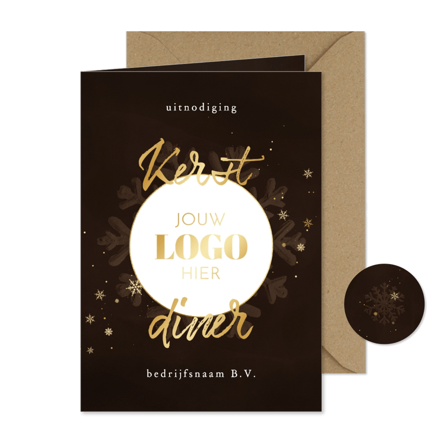 Stijlvolle uitnodiging kerstdiner sneeuwvlok met logo - Kaartimpressie
