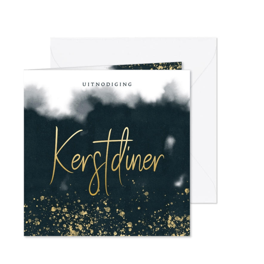Stijlvolle uitnodiging kerstdiner waterverf & gouden tekst - Kaartimpressie