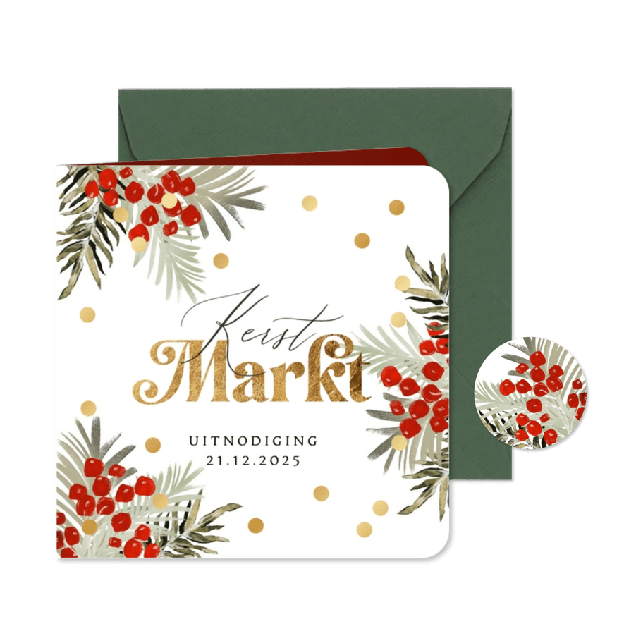Stijlvolle uitnodiging kerstmarkt botanische takken goud - Kaartimpressie