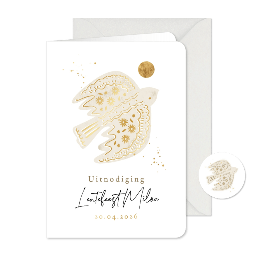 Stijlvolle uitnodiging lentefeest duiven goud - Kaartimpressie
