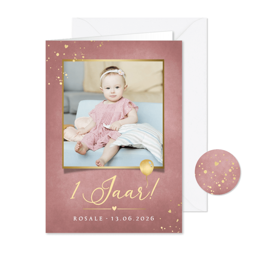 Stijlvolle uitnodiging met foto - eerste verjaardag meisje  - Kaartimpressie