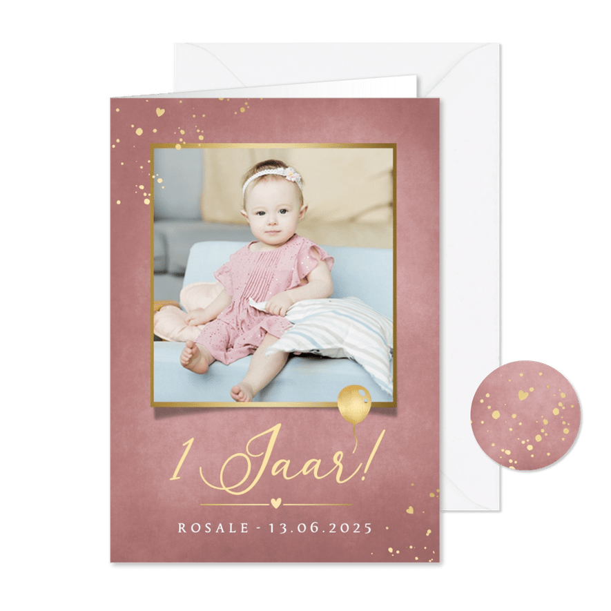 Stijlvolle uitnodiging met foto - eerste verjaardag meisje - Kaartimpressie