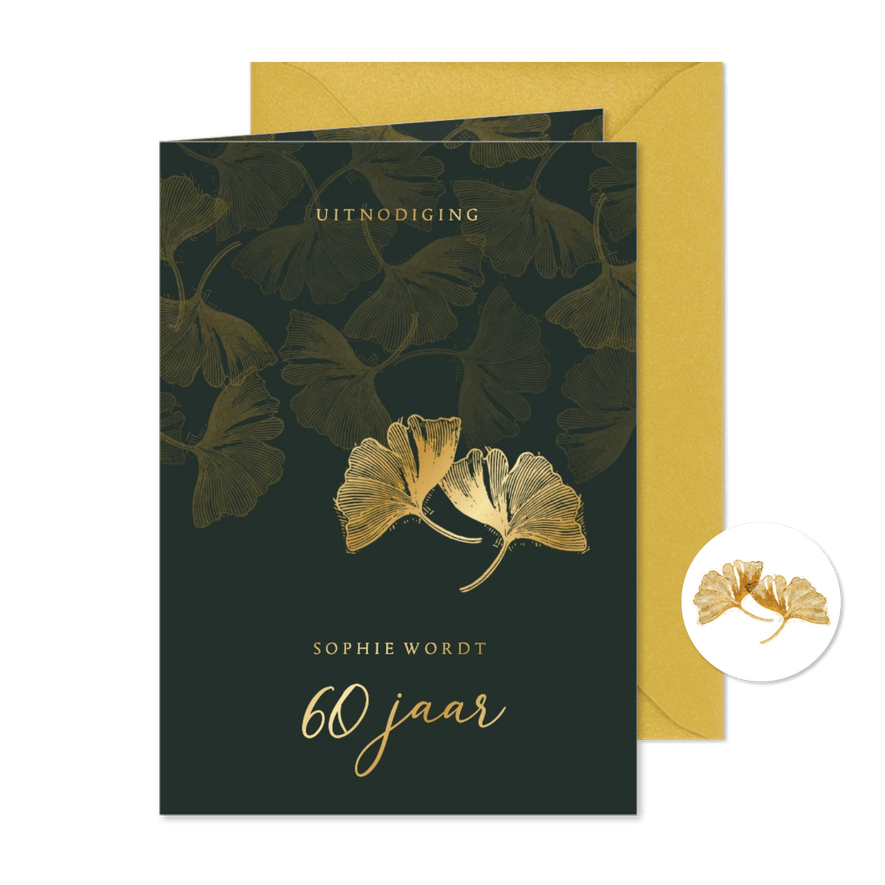 Stijlvolle uitnodiging met ginkgo bladeren in goud - Kaartimpressie