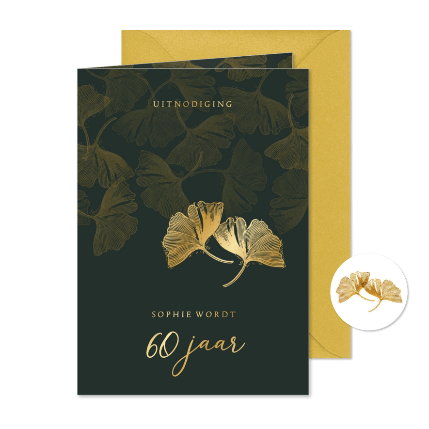 Stijlvolle uitnodiging met ginkgo bladeren in goud - Kaartimpressie