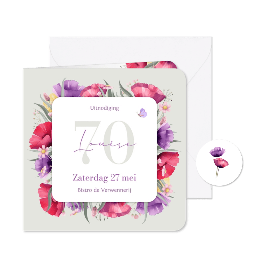 Stijlvolle uitnodiging met kleurrijke klaprozen en vlinder - Kaartimpressie