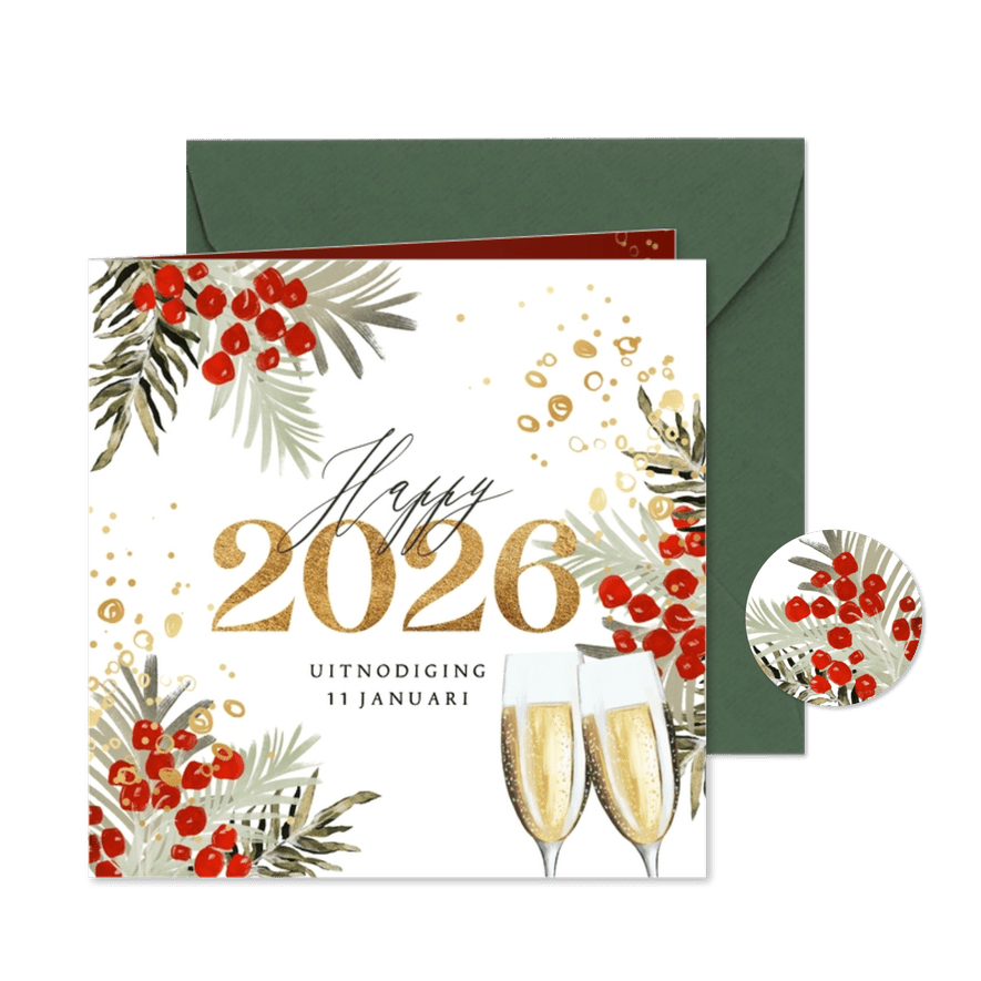 Stijlvolle uitnodiging nieuwjaarsborrel botanisch goud - Kaartimpressie