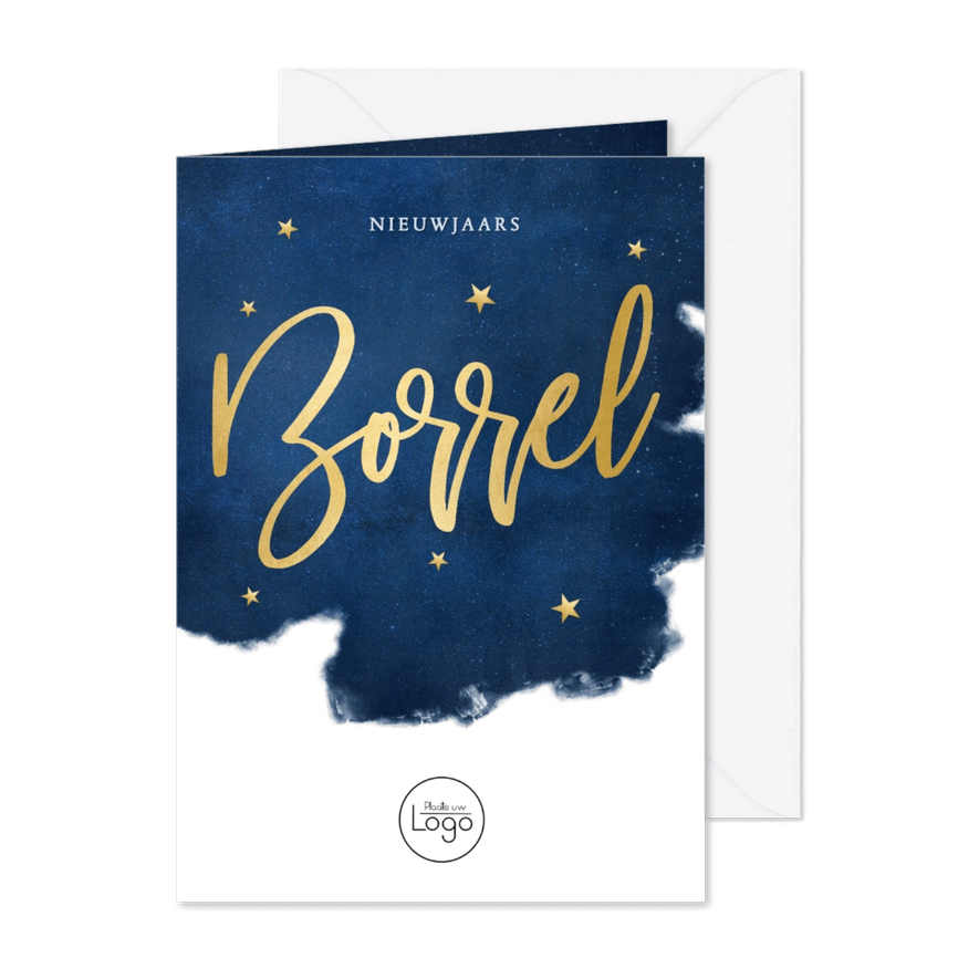Stijlvolle uitnodiging nieuwjaarsborrel met sterren en goud - Kaartimpressie