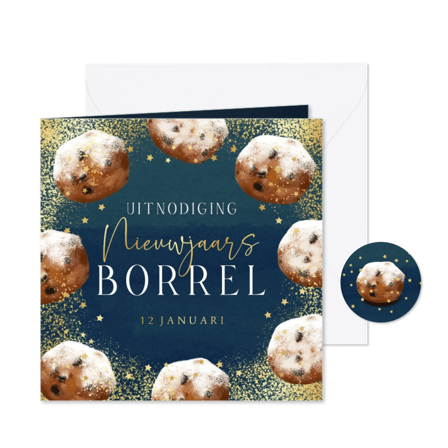 Stijlvolle uitnodiging oliebollen nieuwjaarsborrel ster goud - Kaartimpressie