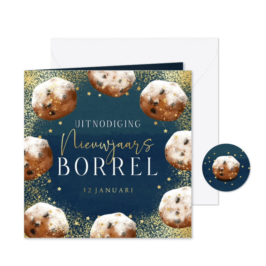 Stijlvolle uitnodiging oliebollen nieuwjaarsborrel ster goud - Kaartimpressie
