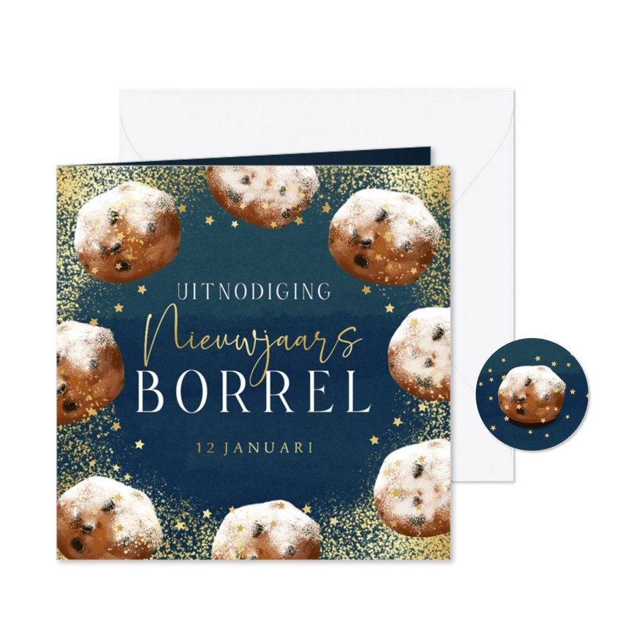 Stijlvolle uitnodiging oliebollen nieuwjaarsborrel ster goud - Kaartimpressie