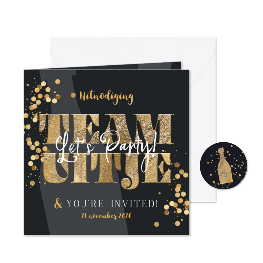 Stijlvolle uitnodiging teamuitje confetti goud champagne - Kaartimpressie