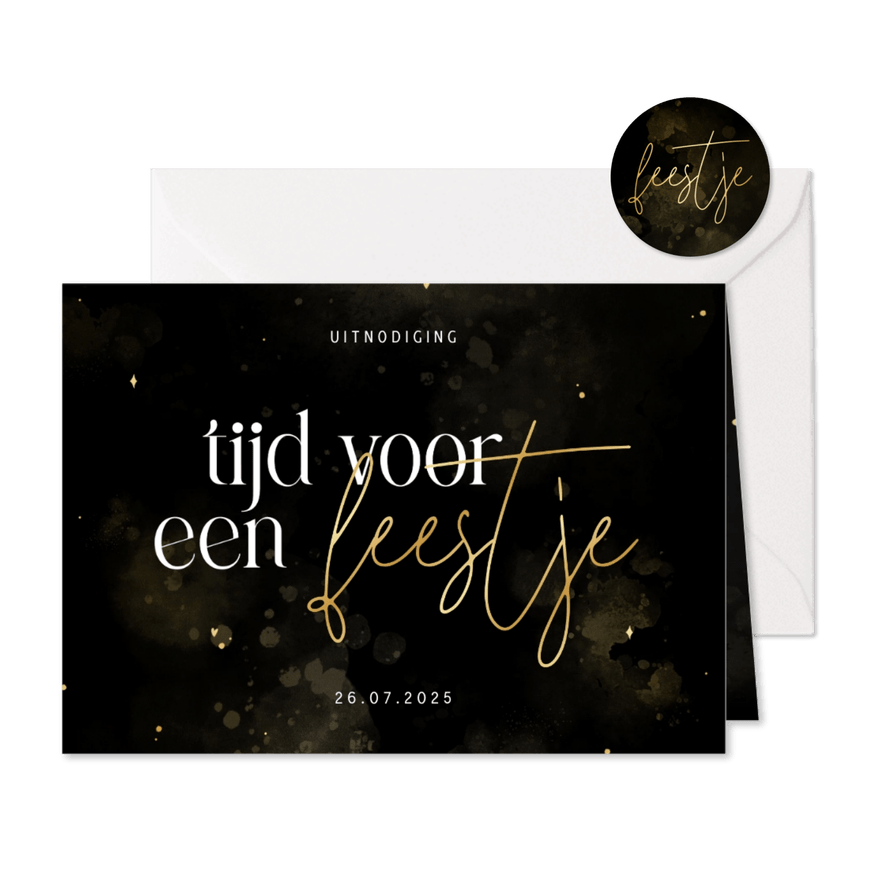 Stijlvolle uitnodiging tijd voor een feestje zwart goud - Kaartimpressie