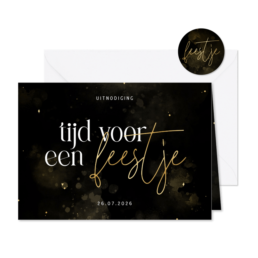 Stijlvolle uitnodiging tijd voor een feestje zwart goud - Kaartimpressie