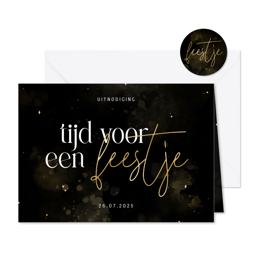 Stijlvolle uitnodiging tijd voor een feestje zwart goud - Kaartimpressie