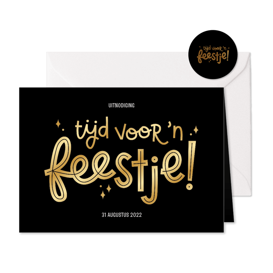 Stijlvolle uitnodiging tijd voor 'n feestje met foliedruk - Kaartimpressie