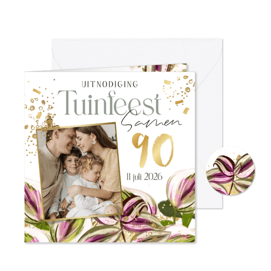 Stijlvolle uitnodiging tuinfeest samen 90 gezin planten goud - Kaartimpressie