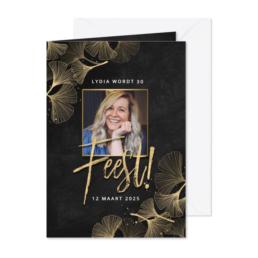 Stijlvolle uitnodiging verjaardag gouden ginkgo "Feest!" - Kaartimpressie