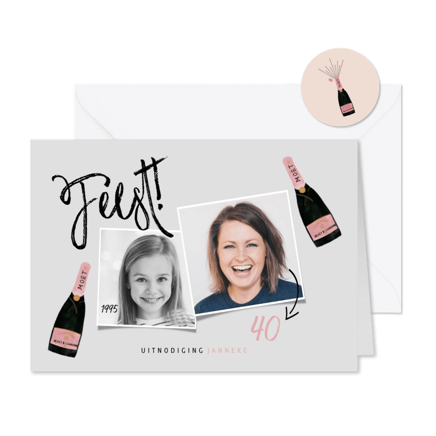 Stijlvolle uitnodiging verjaardag met foto's en champagne - Kaartimpressie