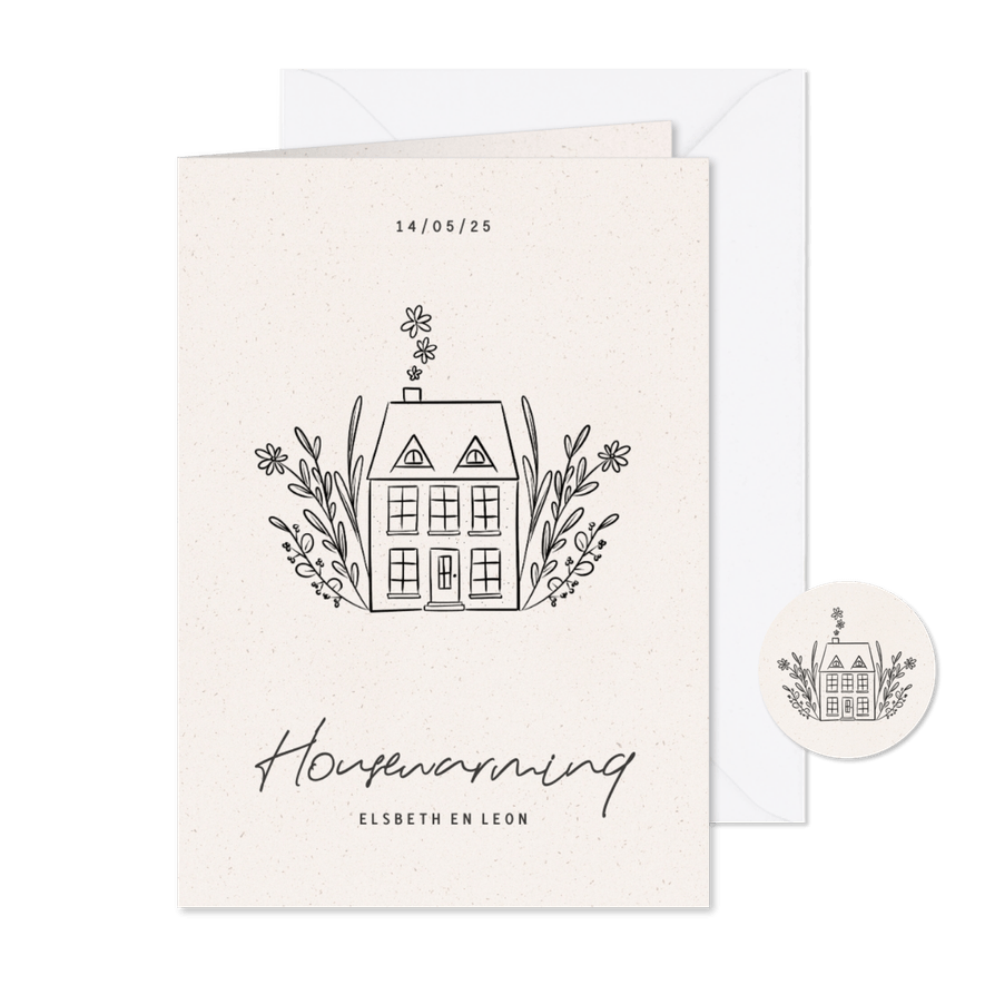 Stijlvolle uitnodiging voor een housewarming met huisje - Kaartimpressie