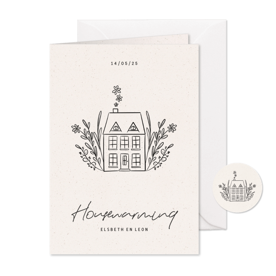 Stijlvolle uitnodiging voor een housewarming met huisje - Kaartimpressie