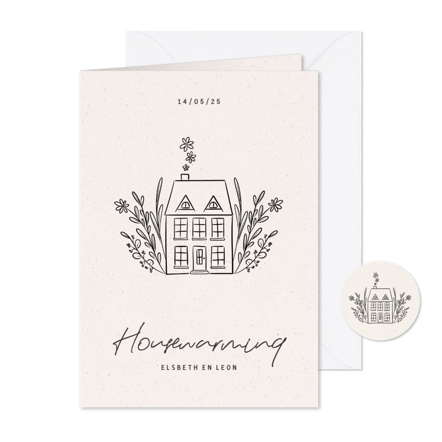Stijlvolle uitnodiging voor een housewarming met huisje - Kaartimpressie