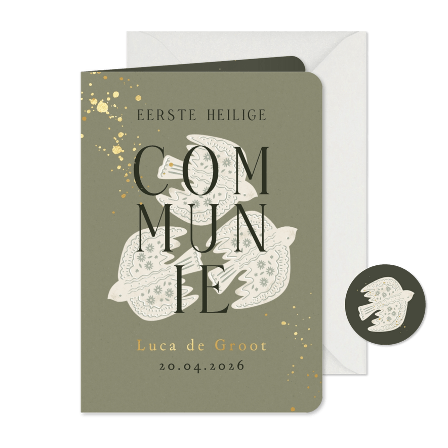 Stijlvolle uitnodigingskaart eerst communie duiven goud - Kaartimpressie
