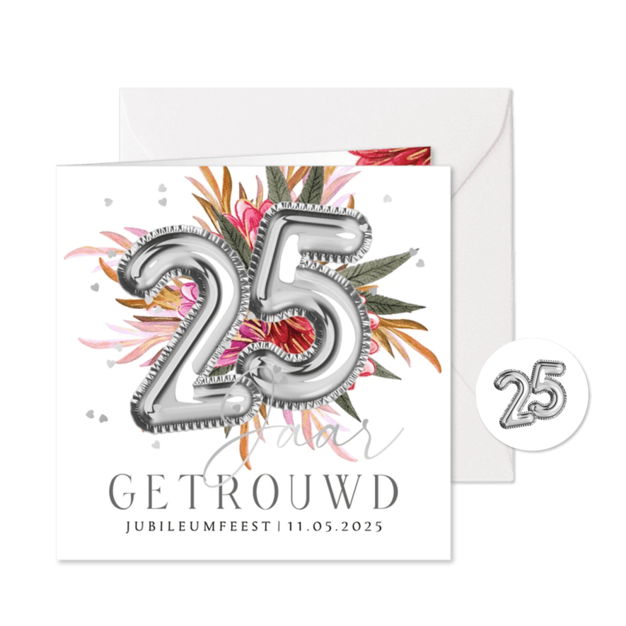 Stijlvolle uitnodigingskaart jubileum 25 jaar zilver bloemen - Kaartimpressie