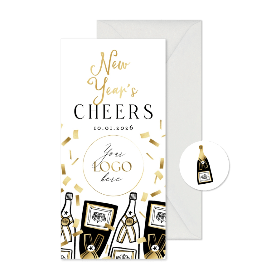 Stijlvolle uitnoding nieuwjaarsborrel champagne confetti - Kaartimpressie