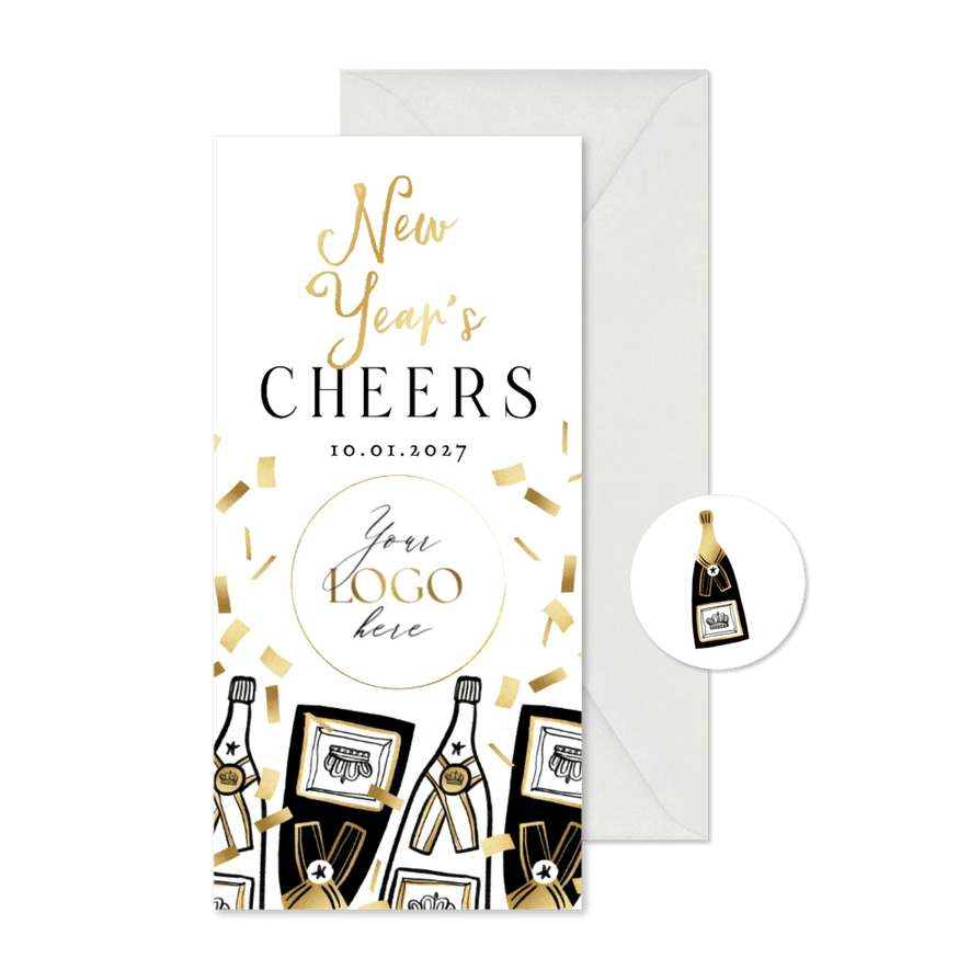 Stijlvolle uitnoding nieuwjaarsborrel champagne confetti - Kaartimpressie