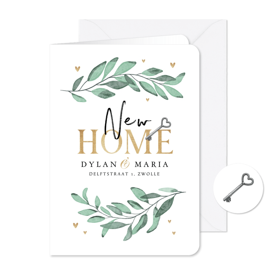 Stijlvolle verhuiskaart bladeren hartjes goud sleutel foto - Kaartimpressie