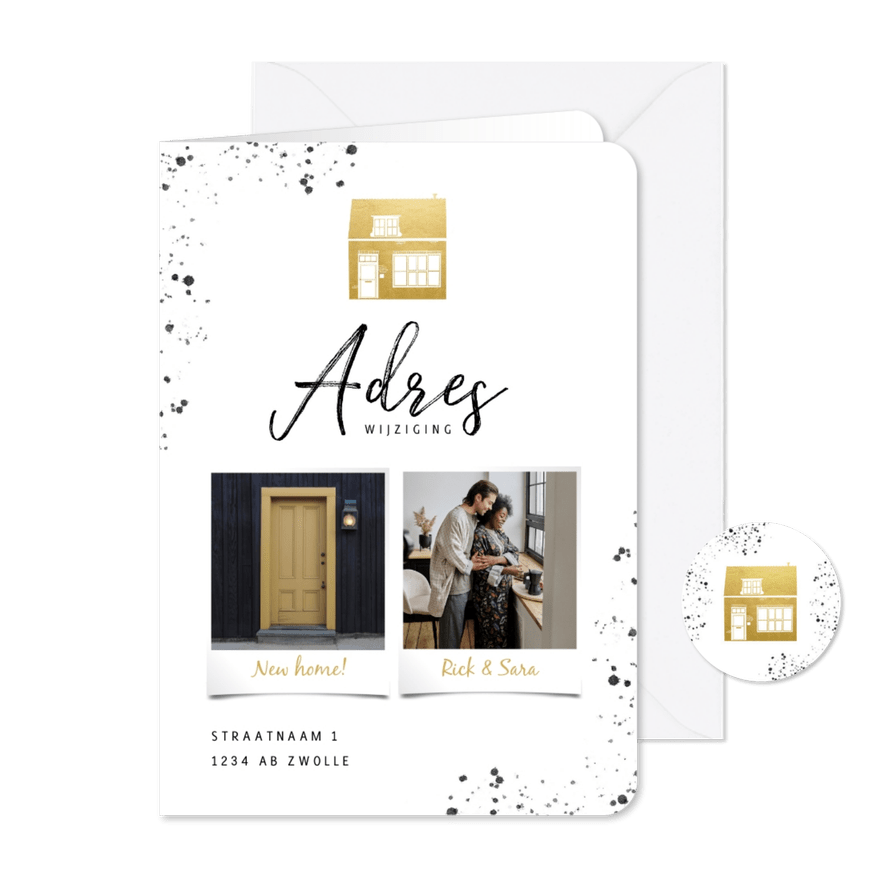 Stijlvolle verhuiskaart foto's gouden huisje en spetters - Kaartimpressie