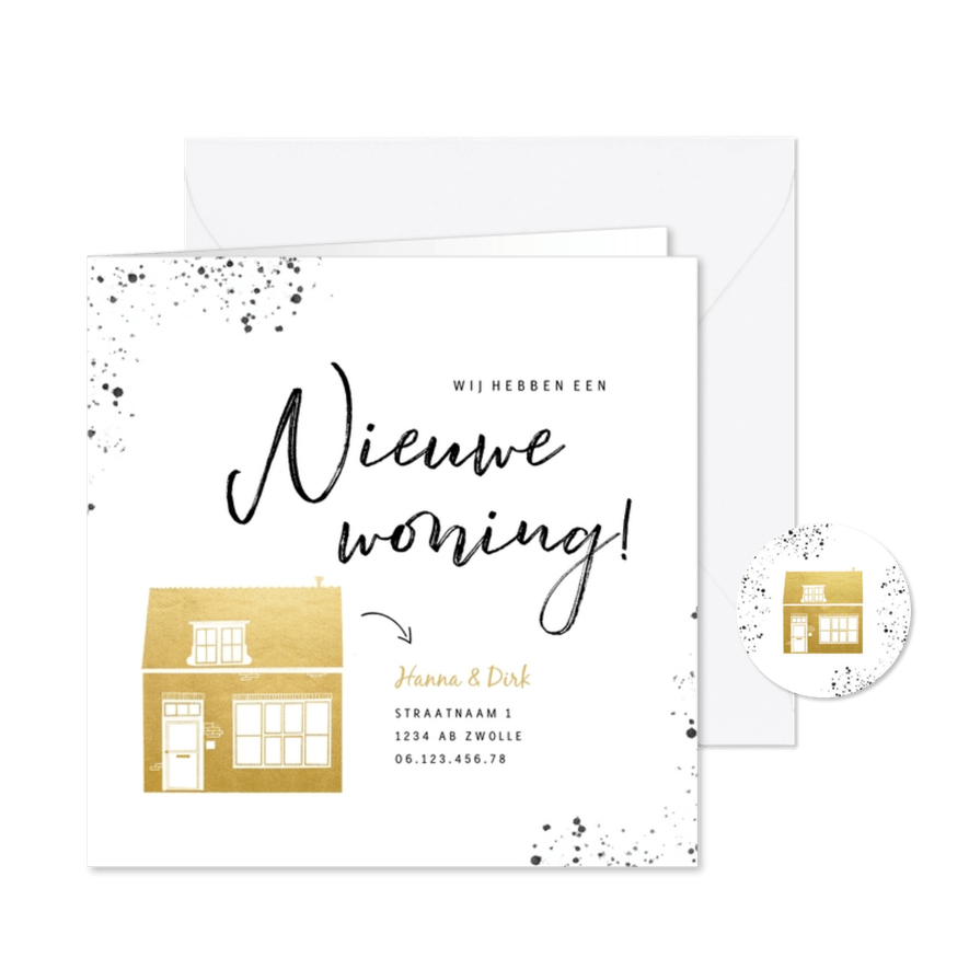 Stijlvolle verhuiskaart goud huisje en zwarte spetters - Kaartimpressie