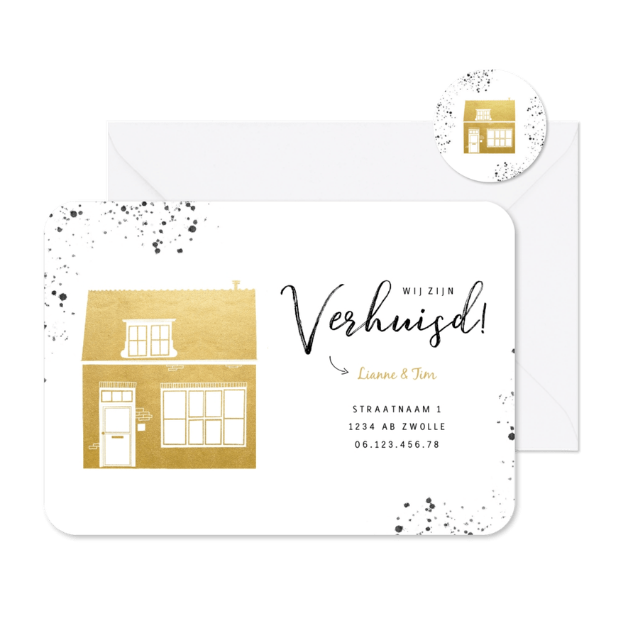 Stijlvolle verhuiskaart gouden huisje en zwarte spetters - Kaartimpressie