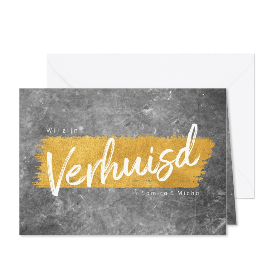 Stijlvolle verhuiskaart met beton en goudlook en typografie - Kaartimpressie