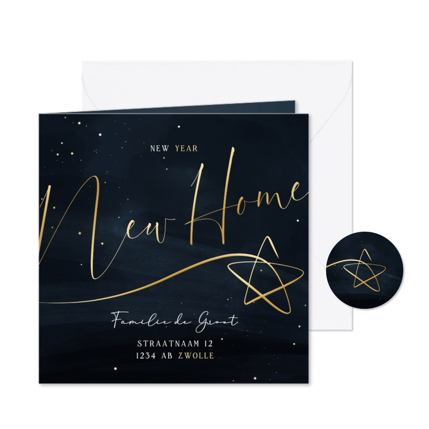 Stijlvolle verhuiskaart New Year New Home met gouden ster - Kaartimpressie