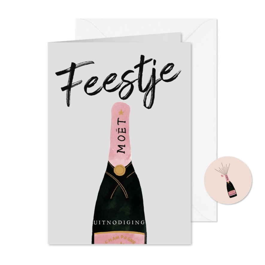 Stijlvolle verjaardagsuitnodiging met champagne en Feestje - Kaartimpressie
