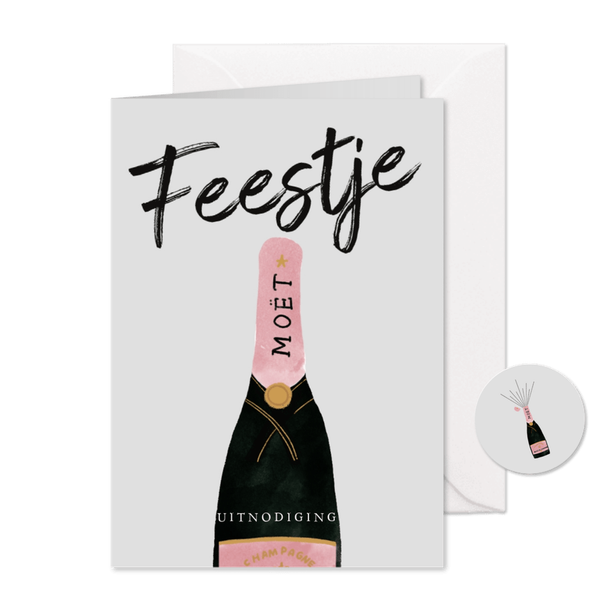 Stijlvolle verjaardagsuitnodiging met champagne en Feestje - Kaartimpressie