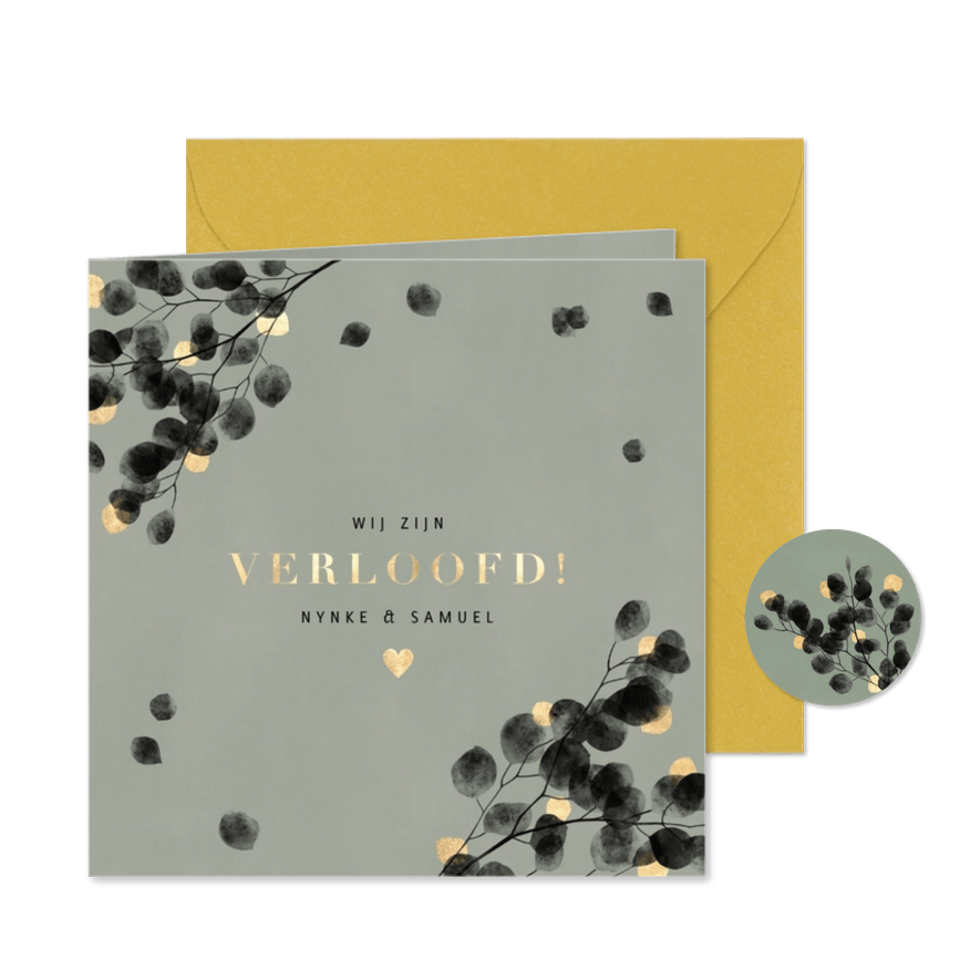 Stijlvolle verlovingskaart zwarte eucalyptus, gouden hartjes - Kaartimpressie