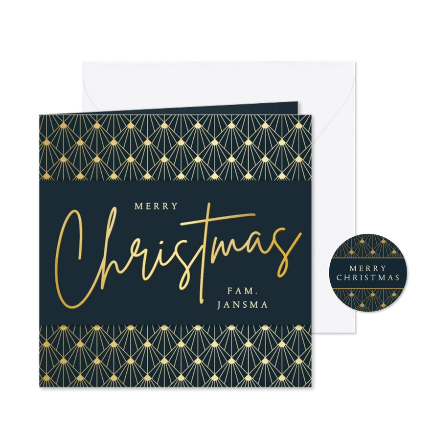 Stijlvolle vierkante art-deco kerstkaart met goud en blauw - Kaartimpressie