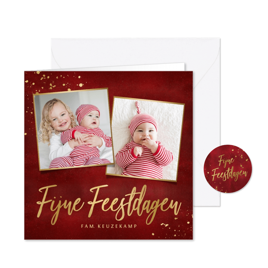 Stijlvolle vierkante rode kerstkaart eigen foto's en goud - Kaartimpressie