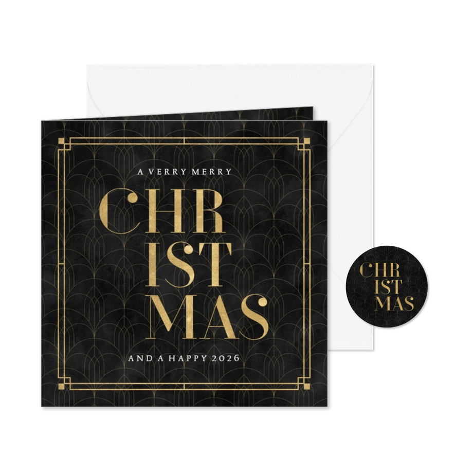 Stijlvolle, vintage kerstkaart met patroon en 'Christmas' - Kaartimpressie