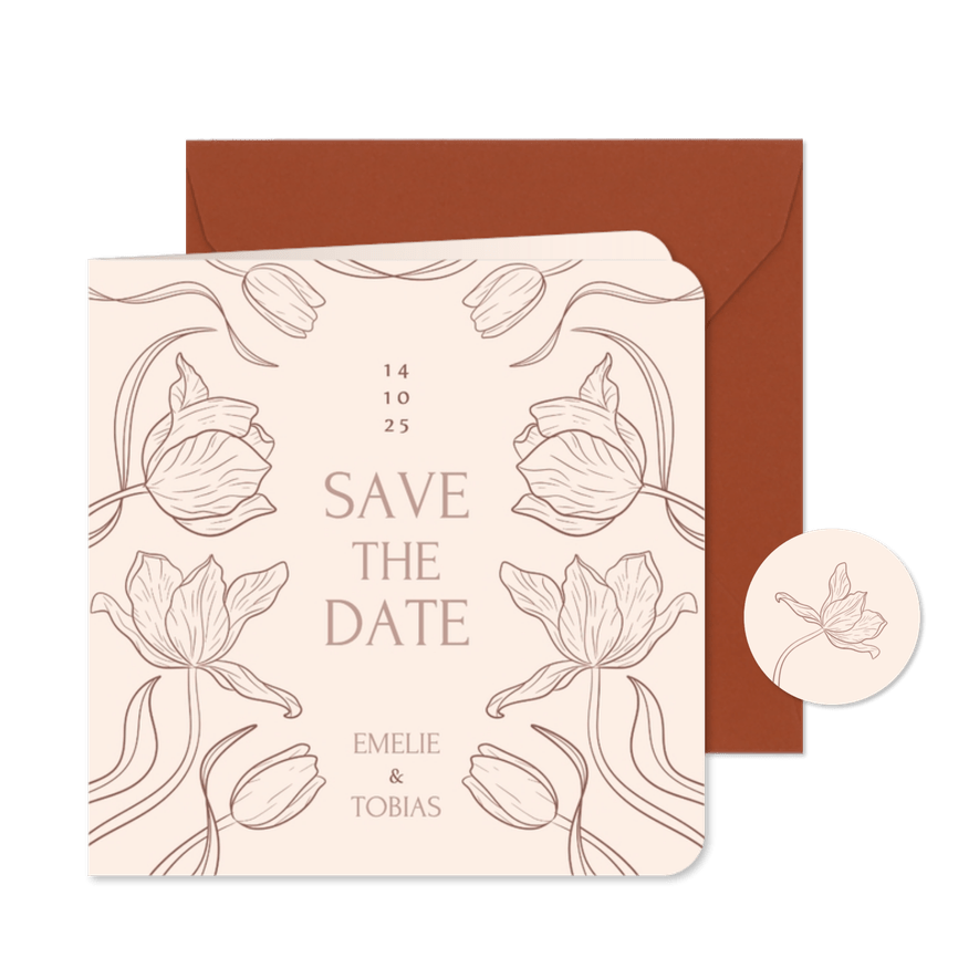 Stijlvolle vintage trouwkaart beige bloemen save the date - Kaartimpressie