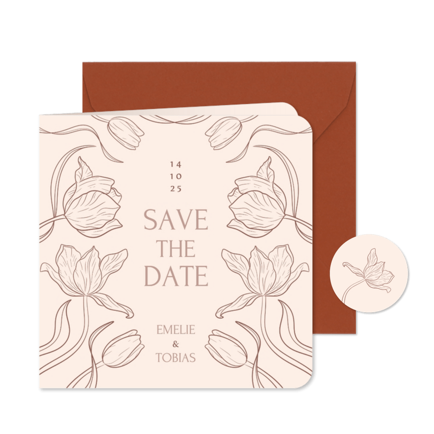 Stijlvolle vintage trouwkaart beige bloemen save the date - Kaartimpressie